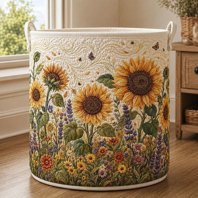 Sunflower Quilted Laundry Basket: Floral Lover Fabric Hamper, Gift For Grandma