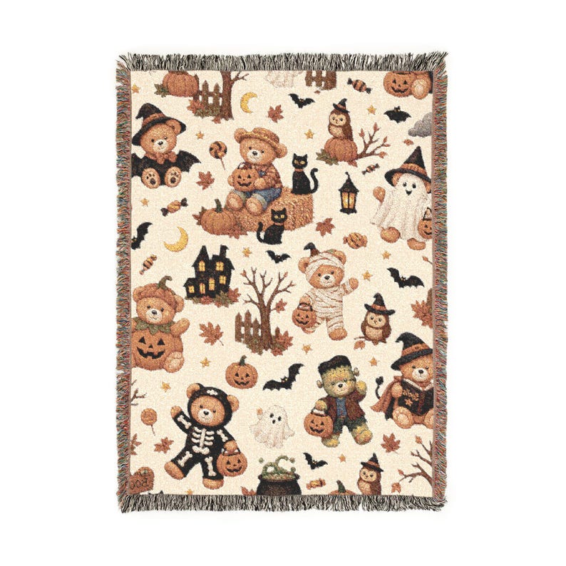 Halloween Teddy Bear Woven Blanket | Cozy Vintage Halloween Throw | Cute Fall Blanket | Cottagecore Halloween Decor | Bear Lovers Gift