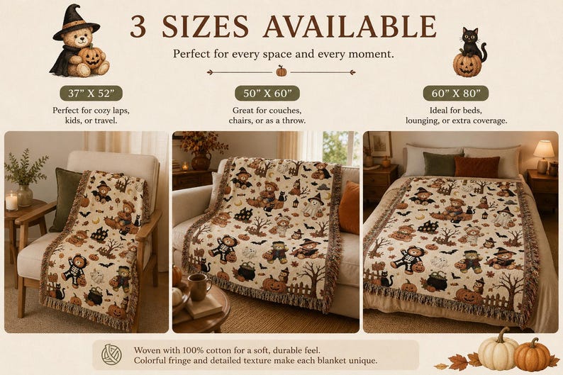Halloween Teddy Bear Woven Blanket | Cozy Vintage Halloween Throw | Cute Fall Blanket | Cottagecore Halloween Decor | Bear Lovers Gift