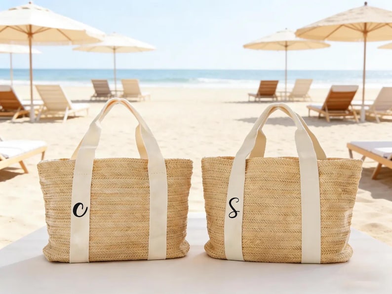 Monogram Straw Tote Bag, Personalized Initial Beach Bag, Custom Woven Shoulder Tote, Summer Gift for Women, Vacation Travel Bag