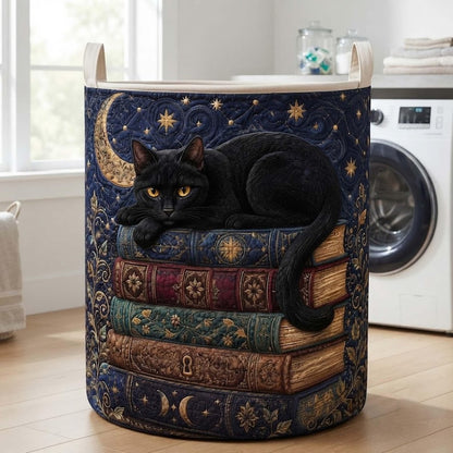 Celestial Library Black Cat Quilted Laundry Basket: Magic Book Storage Bin, Quilted Fabric Hamper