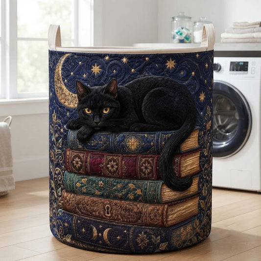 Celestial Library Black Cat Quilted Laundry Basket: Magic Book Storage Bin, Quilted Fabric Hamper