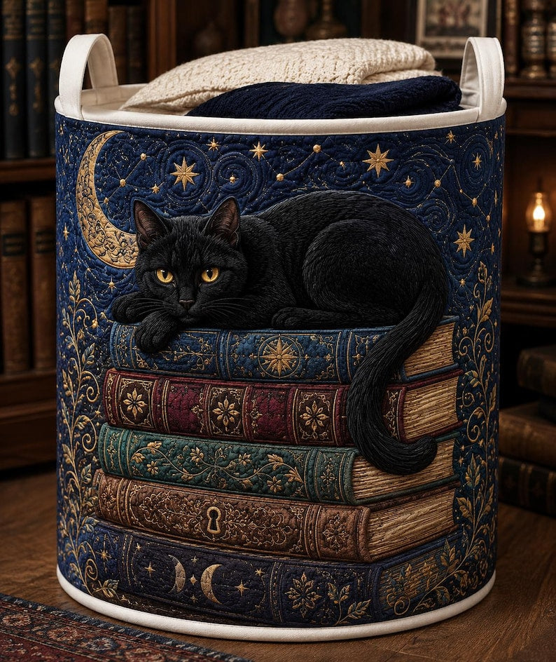 Celestial Library Black Cat Quilted Laundry Basket: Magic Book Storage Bin, Quilted Fabric Hamper