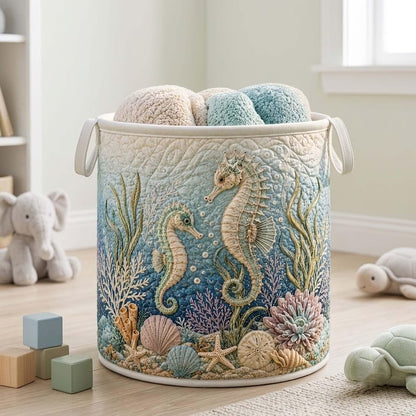 Coastal Seahorse Quilted Laundry Basket: Ocean Beach Storage Bin, Quilted Fabric Hamper