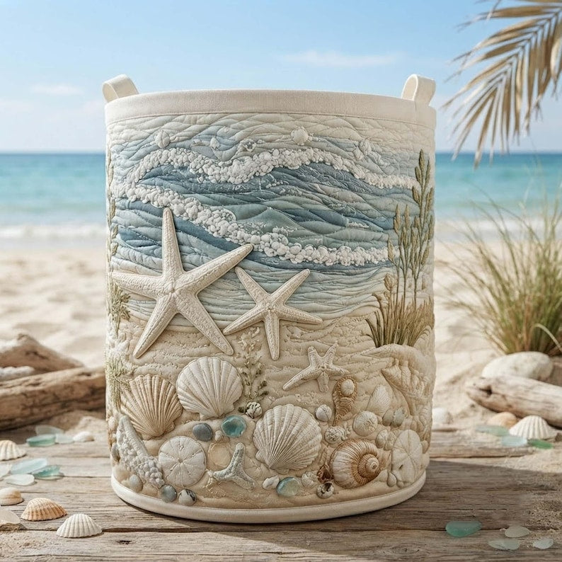 Coastal Charm Ocean Beach Quilted Laundry Basket: Nautical Sea Storage Bin, Quilted Fabric Hamper