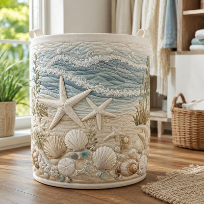 Coastal Charm Ocean Beach Quilted Laundry Basket: Nautical Sea Storage Bin, Quilted Fabric Hamper