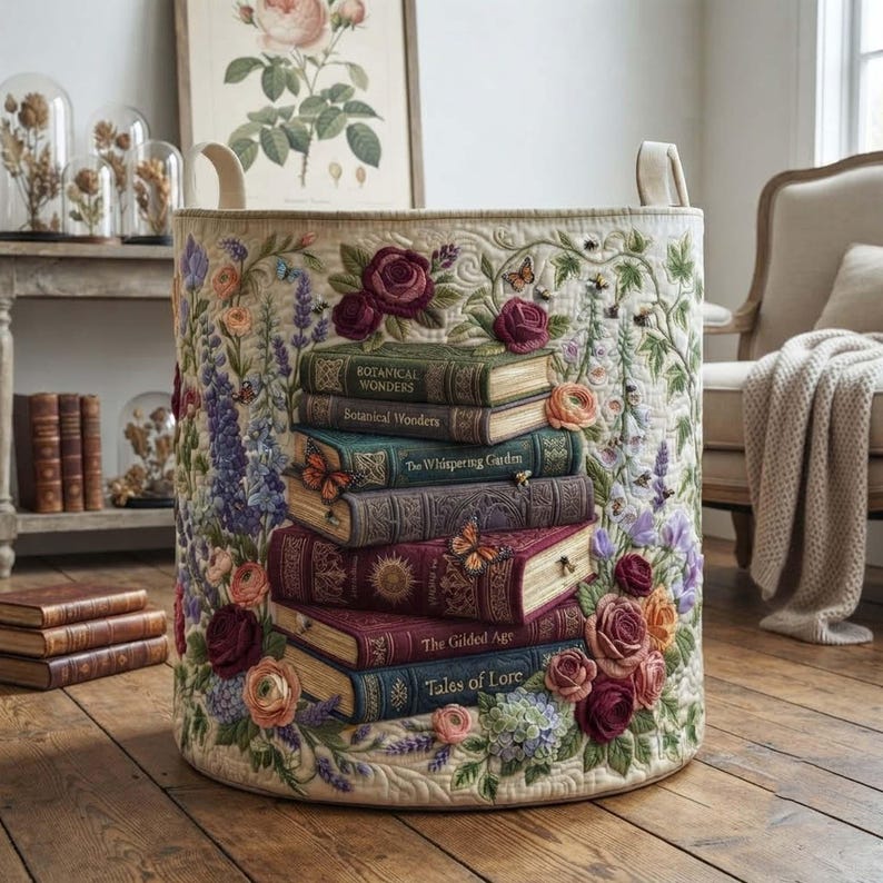 Garden Treasure Quilted Laundry Basket: Botanical Floral Storage Bin, Quilted Fabric Hamper