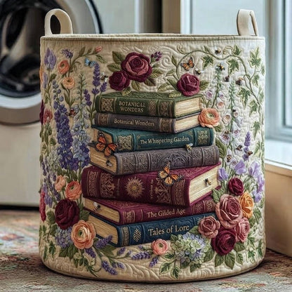 Garden Treasure Quilted Laundry Basket: Botanical Floral Storage Bin, Quilted Fabric Hamper