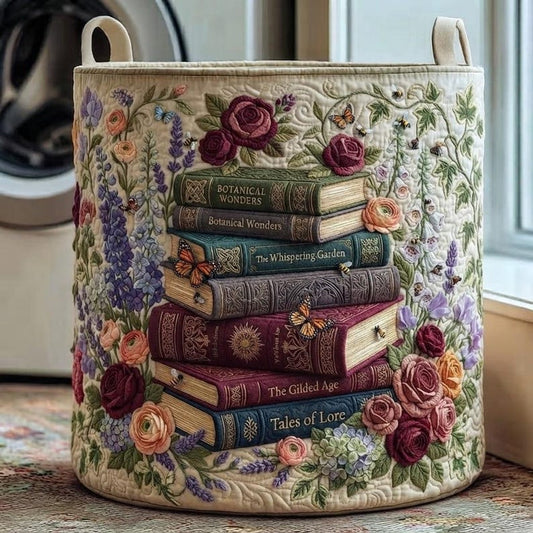 Garden Treasure Quilted Laundry Basket: Botanical Floral Storage Bin, Quilted Fabric Hamper