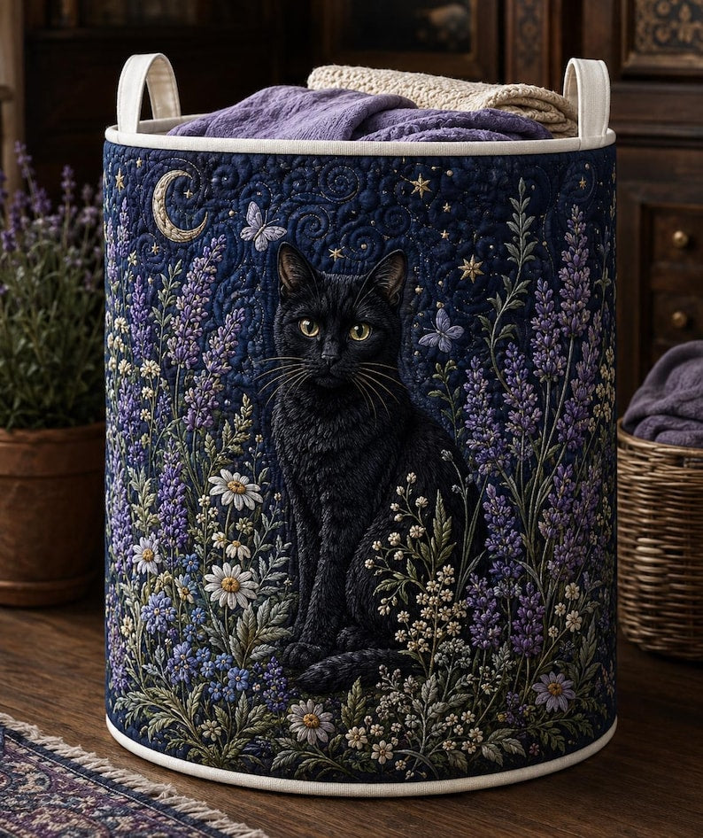 Midnight Lavender Black Cat Quilted Laundry Basket: Magic Floral Storage Bin, Quilted Fabric Hamper