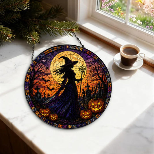 Halloween Witch Glass Suncatcher, Stained Glass Window Hanging, Witch Flying Moon Decor, Gothic Castle Halloween Ornament, Spooky Home Decor