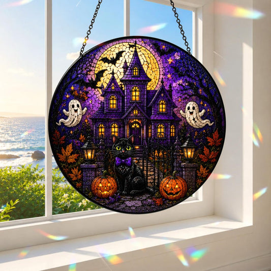 Halloween Owl Glass Suncatcher, Black Cat Window Hanging, Stained Glass Halloween Decor, Ghost Pumpkin Ornament, Spooky Fall Window Decor