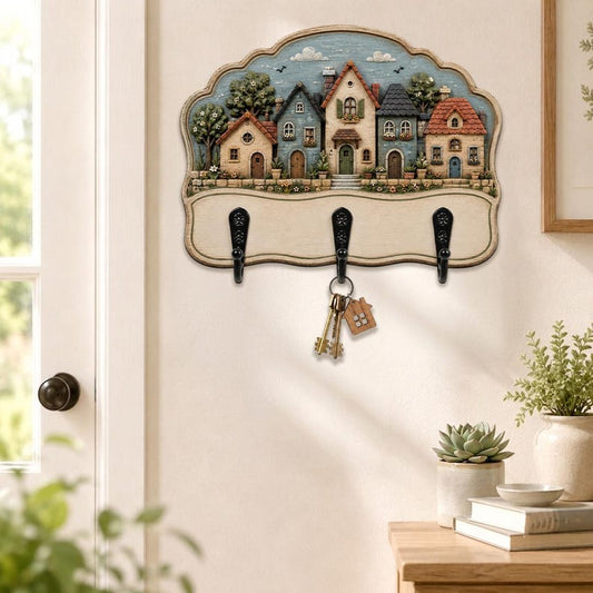 Cottage Village Key Holder, Rustic House Wall Rack, European Street Decor, Farmhouse Entryway Key Hooks