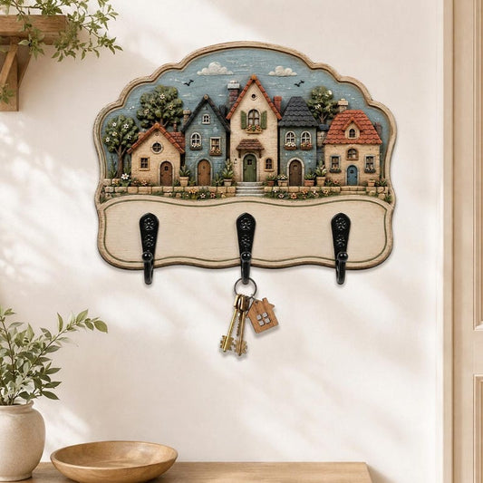 Cottage Village Key Holder, Rustic House Wall Rack, European Street Decor, Farmhouse Entryway Key Hooks