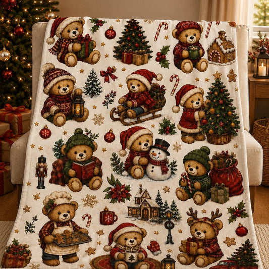 Vintage Christmas Teddy Bear Blanket Cozy Holiday Throw Nostalgic Christmas Decor Cute Teddy Bear Gift Winter Plush Blanket
