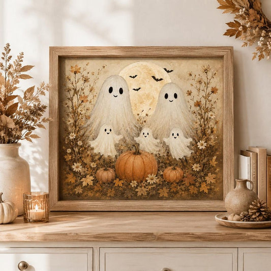 Cute Ghost Family Halloween Wall Art, Vintage Pumpkin Poster, Whimsical Cottagecore Fall Decor, Spooky Season Gift