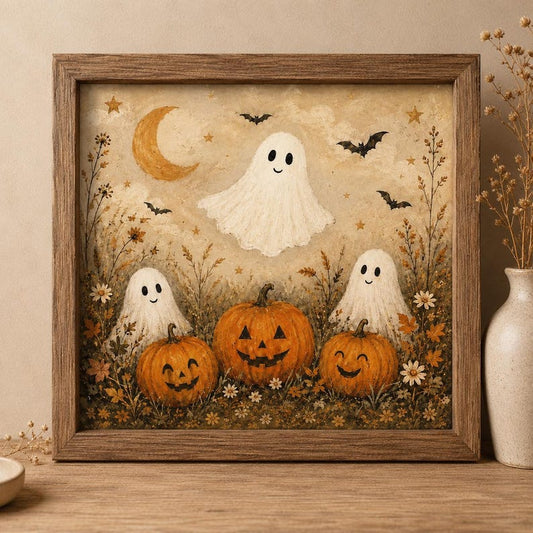 Cute Ghost Halloween Wall Art, Vintage Pumpkin Poster, Whimsical Cottagecore Fall Decor, Spooky Season Gift for Ghost Lovers
