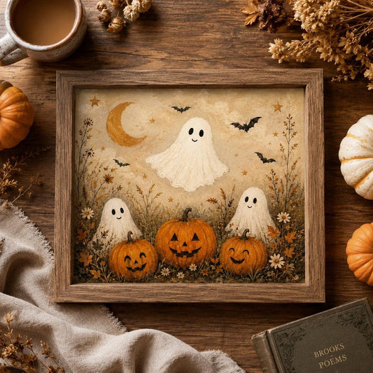 Cute Ghost Halloween Wall Art, Vintage Pumpkin Poster, Whimsical Cottagecore Fall Decor, Spooky Season Gift for Ghost Lovers