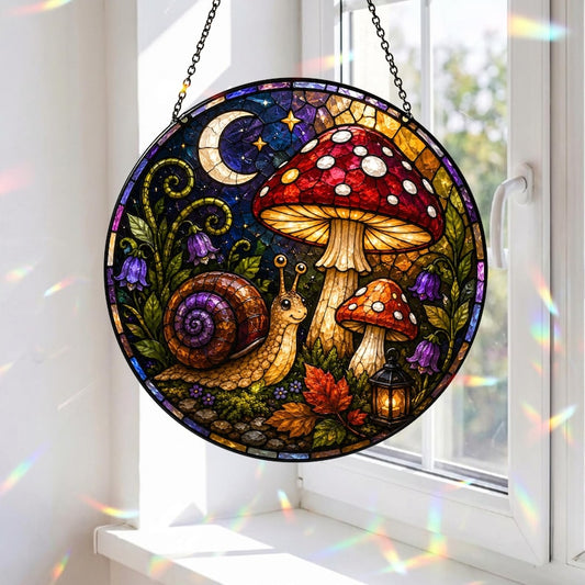 Moonlit Snail Stained Glass Suncatcher, Mushroom Window Hanging, Cottagecore Forest Decor, Moon & Lantern Acrylic Ornament, Whimsical Nature