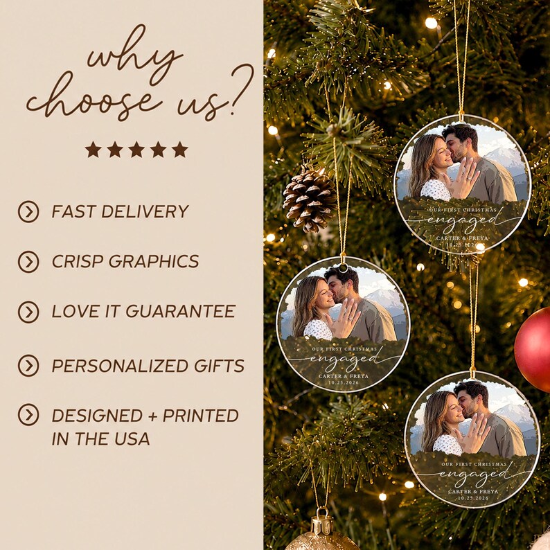 Personalized First Christmas Engaged Ornament, Engagement Photo Keepsake 2026, Bride and Groom Gift