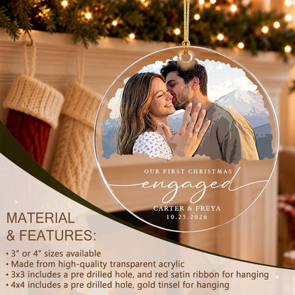 Personalized First Christmas Engaged Ornament, Engagement Photo Keepsake 2026, Bride and Groom Gift