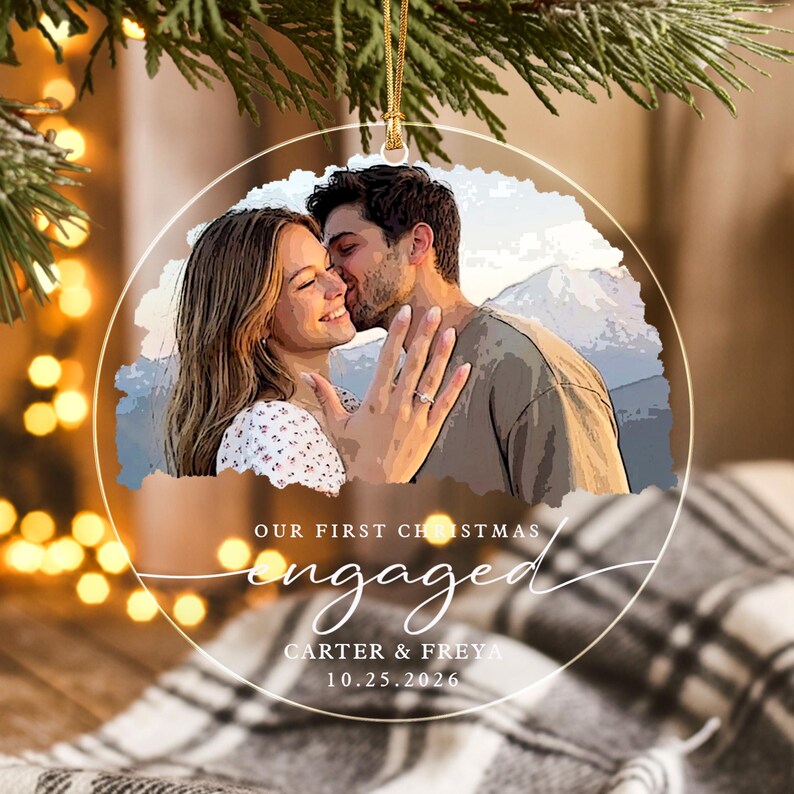 Personalized First Christmas Engaged Ornament, Engagement Photo Keepsake 2026, Bride and Groom Gift