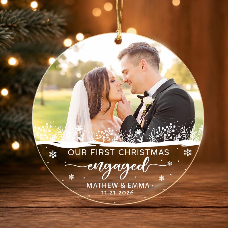 Personalized First Christmas Engaged Ornament, Engagement Photo Keepsake, Gift for Couple