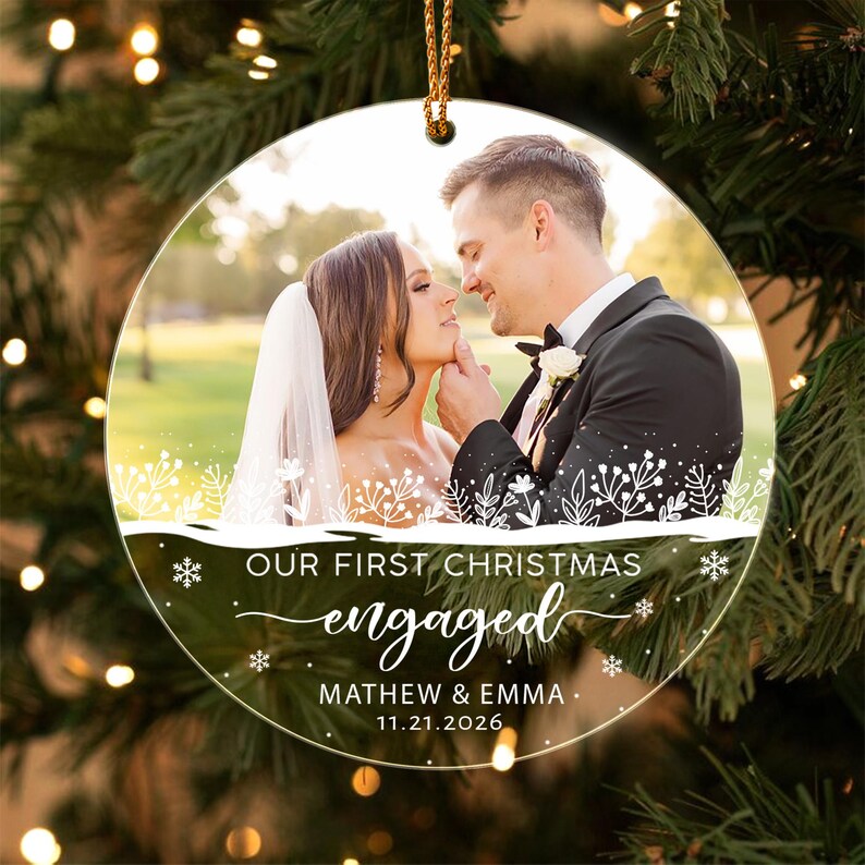 Personalized First Christmas Engaged Ornament, Engagement Photo Keepsake, Gift for Couple