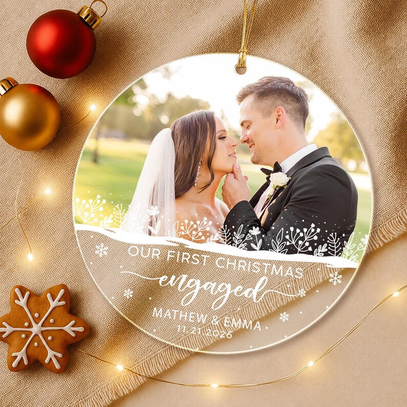 Personalized First Christmas Engaged Ornament, Engagement Photo Keepsake, Gift for Couple