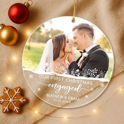 Personalized First Christmas Engaged Ornament, Engagement Photo Keepsake, Gift for Couple