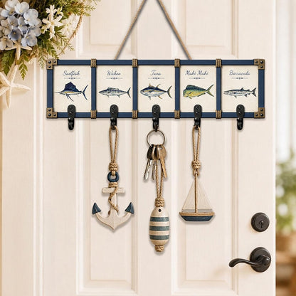 Deep Sea Game Fish Wooden Key Holder: Saltwater Angler Wall Hanger Rack