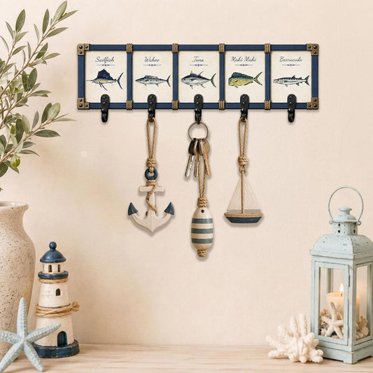 Deep Sea Game Fish Wooden Key Holder: Saltwater Angler Wall Hanger Rack