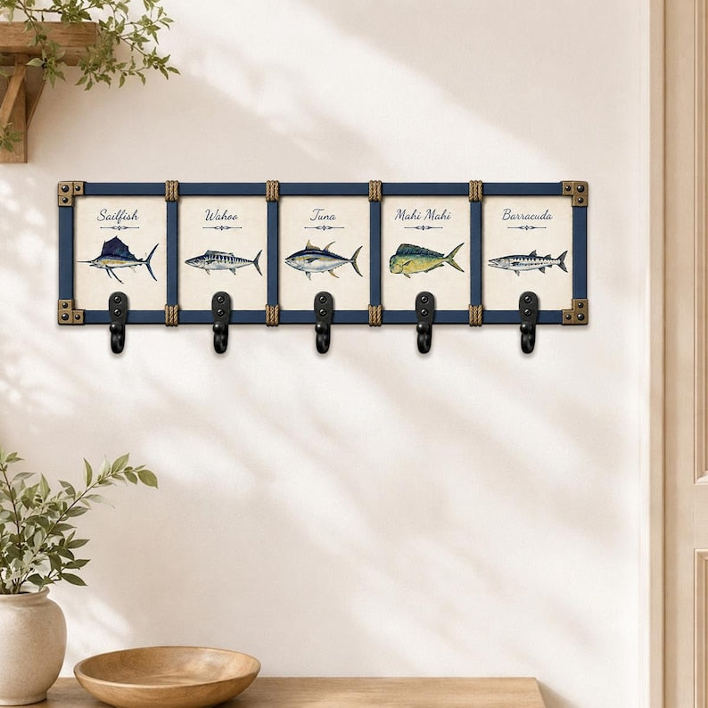 Deep Sea Game Fish Wooden Key Holder: Saltwater Angler Wall Hanger Rack