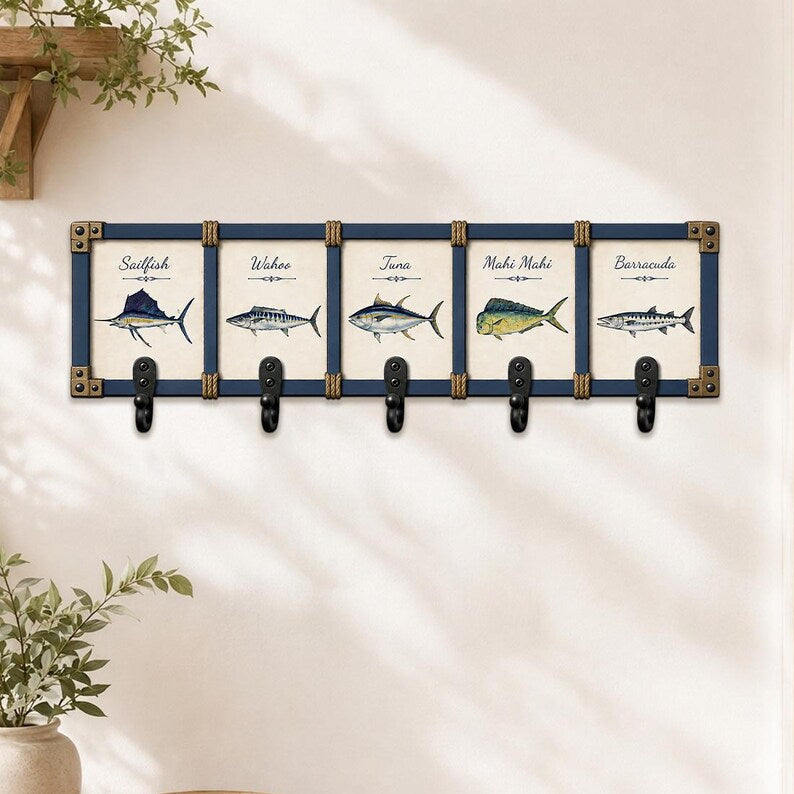 Deep Sea Game Fish Wooden Key Holder: Saltwater Angler Wall Hanger Rack