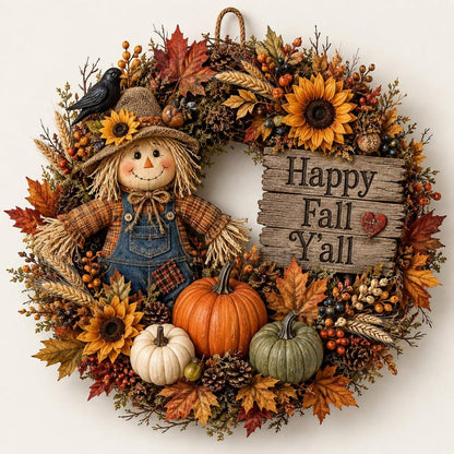 Happy Fall Y'all Scarecrow Wreath, Fall Front Door Decor, Pumpkin Sunflower Wreath, Rustic Autumn Door Hanger, Harvest Decor