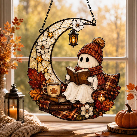 Ghost Reading Pumpkin Moon Acrylic Suncatcher, Ghost Reading Book Window Hanging, Halloween Suncatcher, Thanksgiving Gift For Book Lovers