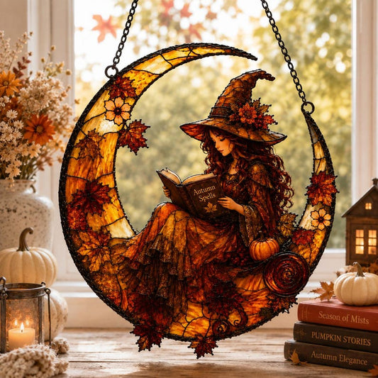 Witch Reading Autumn Acrylic Suncatcher, Pumpkin Book Faux Window Hanging, Halloween Moon Fall Suncatcher, Thanksgiving Gift For Book Lover