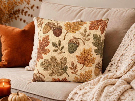 Faux Woven Fall Acorn Leaves Pillow Cover, Cozy Autumn Cushion Case, Neutral Thanksgiving Decor, Rustic Cottagecore Throw Pillowcase Gift