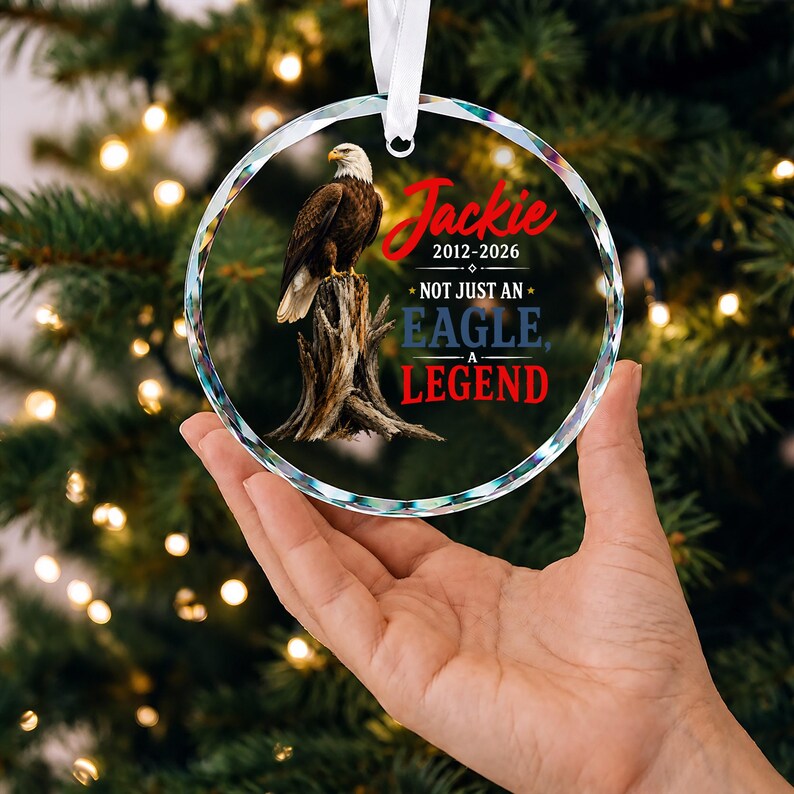Jackie Bald Eagle Memorial Glass Ornament, Not Just an Eagle a Legend, Eagle Remembrance Keepsake, Fly High Memorial Gift, Eagle Lover Gift