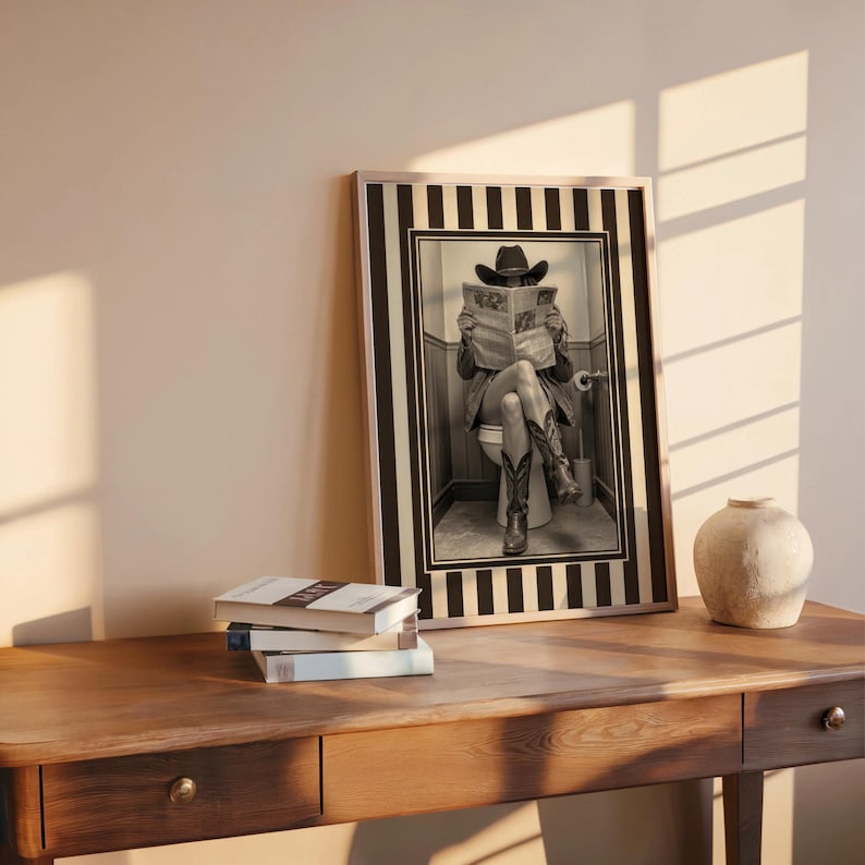 Funny Bathroom Cowgirl Wall Art Photo, Female Cowboy with Boots Reading Newspaper on Toilet, Quirky Restroom Decor, Humorous Loo Sign Print