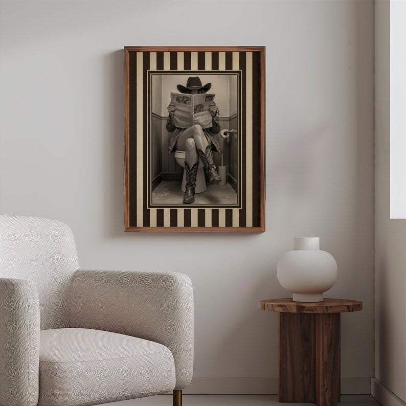 Funny Bathroom Cowgirl Wall Art Photo, Female Cowboy with Boots Reading Newspaper on Toilet, Quirky Restroom Decor, Humorous Loo Sign Print