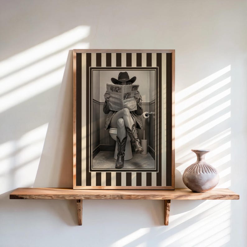 Funny Bathroom Cowgirl Wall Art Photo, Female Cowboy with Boots Reading Newspaper on Toilet, Quirky Restroom Decor, Humorous Loo Sign Print