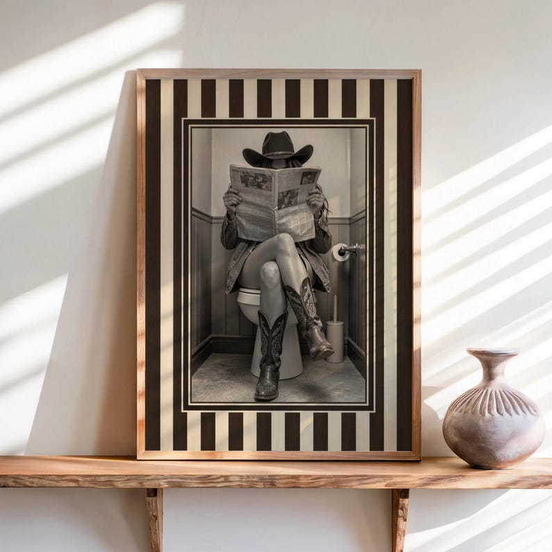 Funny Bathroom Cowgirl Wall Art Photo, Female Cowboy with Boots Reading Newspaper on Toilet, Quirky Restroom Decor, Humorous Loo Sign Print