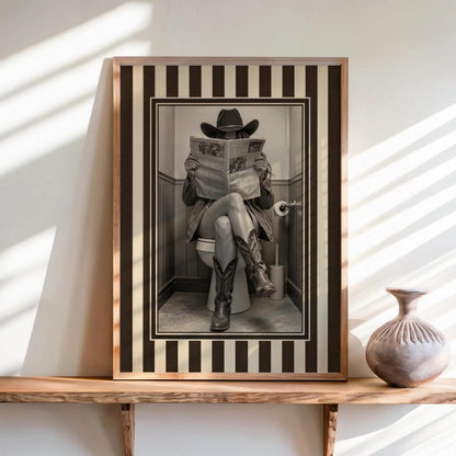 Funny Bathroom Cowgirl Wall Art Photo, Female Cowboy with Boots Reading Newspaper on Toilet, Quirky Restroom Decor, Humorous Loo Sign Print