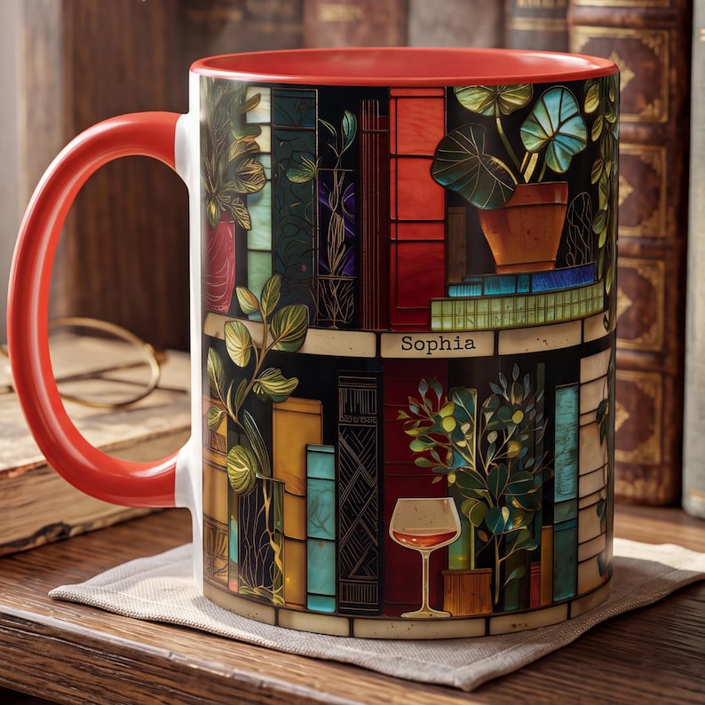 Personalized Book Lover Mug, Custom Name Stained Glass Library Coffee Cup, Reader Gift For Her, Bookworm Gift, Plant Lady Wine Book Mug