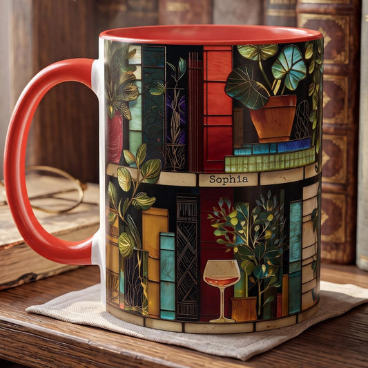 Personalized Book Lover Mug, Custom Name Stained Glass Library Coffee Cup, Reader Gift For Her, Bookworm Gift, Plant Lady Wine Book Mug