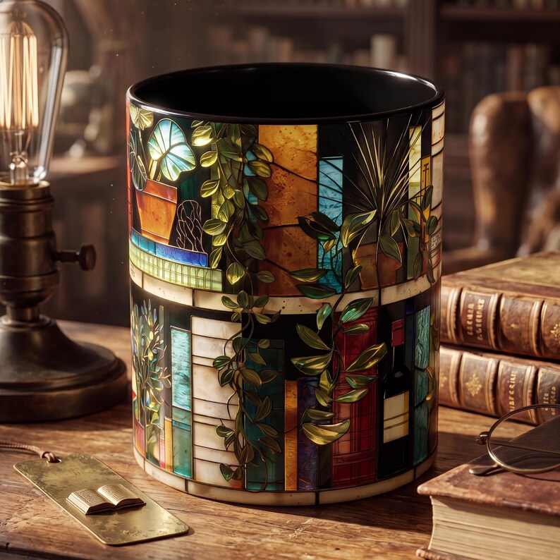 Personalized Book Lover Mug, Custom Name Stained Glass Library Coffee Cup, Reader Gift For Her, Bookworm Gift, Plant Lady Wine Book Mug