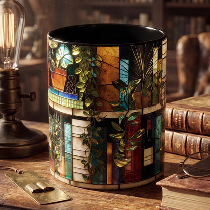 Personalized Book Lover Mug, Custom Name Stained Glass Library Coffee Cup, Reader Gift For Her, Bookworm Gift, Plant Lady Wine Book Mug