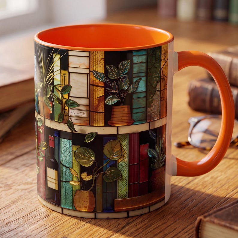 Personalized Book Lover Mug, Custom Name Stained Glass Library Coffee Cup, Reader Gift For Her, Bookworm Gift, Plant Lady Wine Book Mug