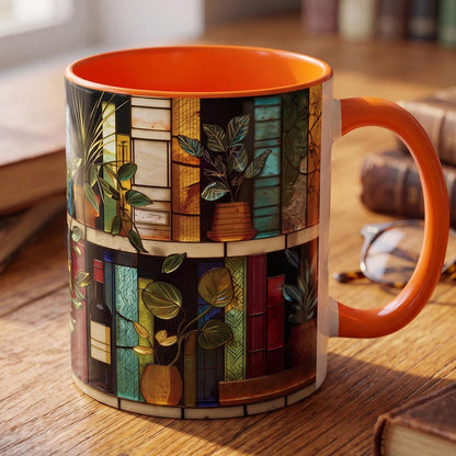 Personalized Book Lover Mug, Custom Name Stained Glass Library Coffee Cup, Reader Gift For Her, Bookworm Gift, Plant Lady Wine Book Mug